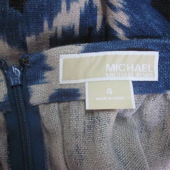 Michael Kors Summer Linen A-Line Mini Skirt Size 4 Rear Zipper Blue Ikat Print - Picture 3 of 10